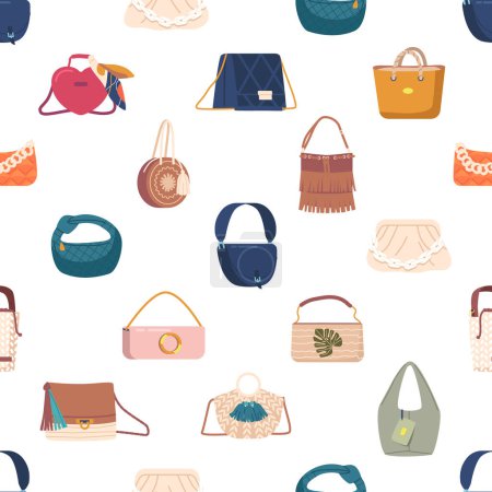 Illustration for Seamless Pattern With Elegant And Stylish Women Bags And Clutches Showcases A Variety Of Fashionable Accessories, For Creating Trendy Designs For Textiles Or Wallpapers. Cartoon Vector Illustration - Royalty Free Image