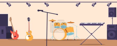 Illustration for Energetic Scene Interior With Electric Guitars, Pounding Drums, Synthesizer, Microphones, Dynamics And Pulsating Bass, Creating A Dynamic Atmosphere Of Rock Music. Cartoon Vector Illustration - Royalty Free Image