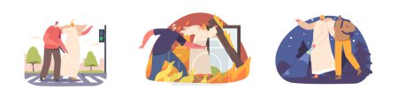 Illustration for Isolated Elements with Celestial Being Save People. Angel Keeper Character Help to Blind Man Cross the Road, Tourist Woman in Night Forest and Man Leaving Burning House. Cartoon Vector Illustration - Royalty Free Image