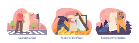 Illustration for Isolated Elements with Angel Keeper Character Help to Blind Man Cross the Road, Tourist Woman in Night Forest and Man Leaving Burning House. Celestial Being Save People. Cartoon Vector Illustration - Royalty Free Image
