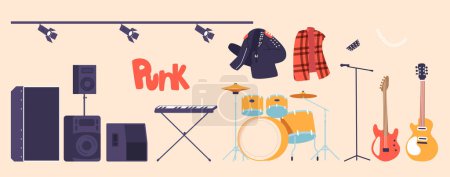 Illustration for Electric Guitars, Bass Guitars, Drum Kit, Synthesizer, Amplifier, And Microphones Punk Rock Music Instruments Isolated Icons Set. Leather Jacket, Dynamics, Stage Lighting. Cartoon Vector Illustration - Royalty Free Image