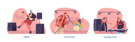 Illustration for Isolated Elements with Punk Rock Musicians Band Embody Raw And Unapologetic Sound. They Use Fast-paced Guitar Riffs, Aggressive Vocals To Challenge Societal Norms. Cartoon People Vector Illustration - Royalty Free Image