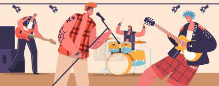 Illustration for Rebellious Musicians Creating Loud, Fast-paced Music With Guitars. Punk Rockers Pushing Boundaries And Challenging Societal Norms Through Their Music And Style. Cartoon People Vector Illustration - Royalty Free Image