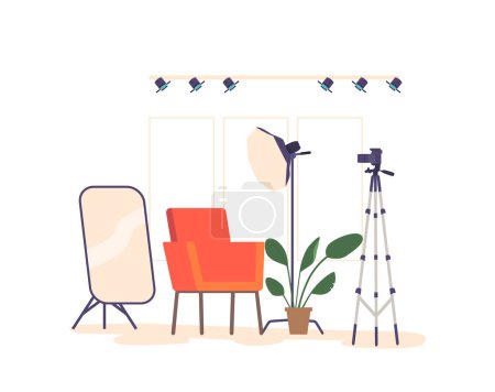 Illustration for Photo Studio Interior With Professional Lighting, Backdrops, And Props, Providing Creative And Controlled Environment For Capturing High-quality Images And Memories. Cartoon Vector Illustration - Royalty Free Image