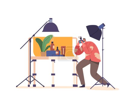 Illustration for Photographer Male Character Captures Cosmetics In A Well-lit Photo Studio, Showcasing Vibrant Colors And Textures For Promotional And Marketing Purposes. Cartoon People Vector Illustration - Royalty Free Image