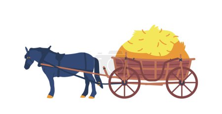 Illustration for Rustic Horse Cart Loaded With Hay Isolated On White Background. Horse-drawn Vehicle Used For Transporting Goods Or As A Traditional Mode Of Transportation In Rural Areas. Cartoon Vector Illustration - Royalty Free Image