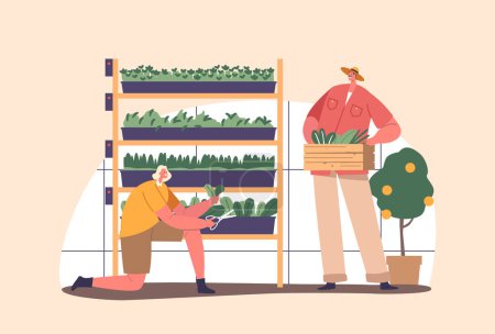 Illustration for Gardener Characters Caring For Plants In A Controlled Environment, A Greenhouse Allows People To Grow Greens With Consistent Temperature, Humidity, And Protection. Cartoon People Vector Illustration - Royalty Free Image