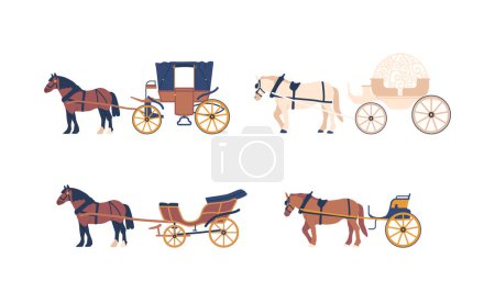 Illustration for Set of Carriages Isolated on White Background. Elegant And Luxurious Horse-drawn Vehicles, Often Used For Transportation Of People In The Past. Cartoon Vector Illustration - Royalty Free Image