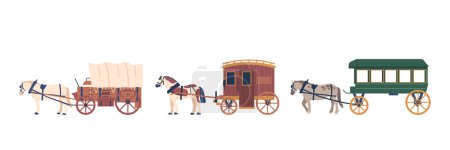 Illustration for Set of Wagons Isolated On White Background. Sturdy And Practical Horse-drawn Vehicles, Commonly Used For Transporting Goods And Materials Cartoon Vector Illustration - Royalty Free Image