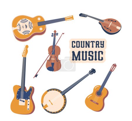 Ilustración de Instrumentos de música country incluyen guitarra, violín, banjo o mandolín aislado sobre fondo blanco. Estos instrumentos añaden un toque distintivo al género de música country. Ilustración de vectores de dibujos animados - Imagen libre de derechos