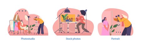 Illustration for Isolated Elements with Photographer Capture Creative And Professional Images of Family and Cosmetic Products In Photo Studio, Utilizing Lighting Equipment And Props. Cartoon People Vector Illustration - Royalty Free Image