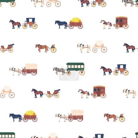 Illustration for Seamless Pattern With Elegant Horse-drawn Vehicles, Showcasing A Nostalgic And Sophisticated Design, Perfect For Adding A Touch Of Vintage Charm To Various Products. Cartoon Vector Illustration - Royalty Free Image