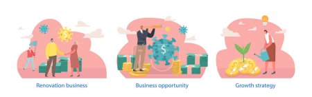 Illustration for Isolated Elements with Business Opportunity during Coronavirus Pandemic Scenes. Businessmen Overcome Obstacles And Financial Crisis To Achieve Success and Financial Goals. Cartoon Vector Illustration - Royalty Free Image