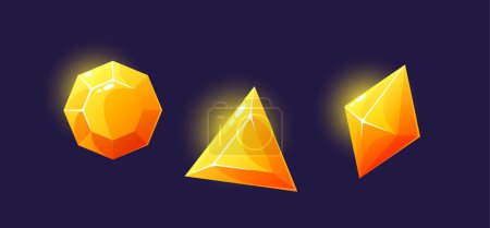 Illustration for Yellow Magic Crystals with Mysterious Light Glow. Faceted Gem Stones, Glowing Rocks, Isolated Minerals. Jewelry Precious Or Semiprecious Gemstones Gui or UI Game Icons. Cartoon 2d Vector Illustration - Royalty Free Image