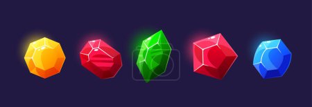 Illustration for Gold Magic Crystals, Glass Or Gem Stones. Colorful Shiny Faceted Yellow, Red, Green, Ruby and Blue Glowing Rocks. Isolated Crystalline Minerals. Game Assets, 2d Ui Icons. Cartoon Gemstones Vector Set - Royalty Free Image