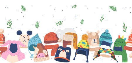 Illustration for Playful Seamless Pattern Featuring Children Winter Hats In Vibrant Colors And Cute Designs. Winter-themed Horizontal Border, Wallpaper or Frame. Cartoon Vector Illustration - Royalty Free Image