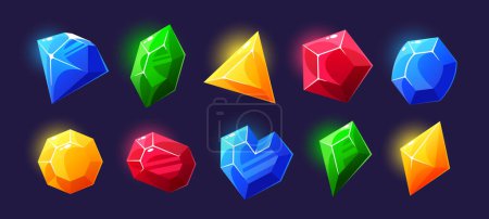 Illustration for Magic Crystals, Colorful Glass Or Gem Stones, Heart And Diamond, Faceted Glowing Rocks, Isolated Crystalline Minerals Collection. Jewelry Precious Or Semiprecious Gemstones, Cartoon Vector Icons Set - Royalty Free Image