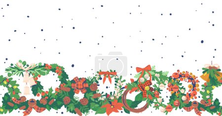 Illustration for Festive And Joyful Seamless Pattern Featuring Christmas Tree Wreaths And Garlands, Decorated with Pine Cones and Bows, Holiday Horizontal Border, Wallpaper, Design Project. Cartoon Vector Illustration - Royalty Free Image