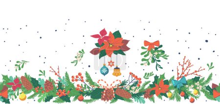Téléchargez les illustrations : Modèle sans couture festive avec des plantes et des décorations de Noël, comme les feuilles de houx, le gui, les branches d'épinette, les arcs et les boules, créant un design joyeux pour les projets de vacances. Illustration vectorielle de bande dessinée - en licence libre de droit