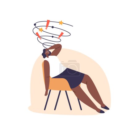 Illustration for Overwhelmed Woman Holds Her Head In Distress, Burdened By Numerous Problems That Weigh Heavily On Her Mind. Anxious Female Character Sitting on Chair Dizzy Head. Cartoon People Vector Illustration - Royalty Free Image