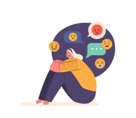 Illustration for Woman Character Crying Due To Online Bullying, Facing Hurtful Comments And Harassment On Social Media Platforms, Experiencing Emotional Distress And Seeking Support. Cartoon People Vector Illustration - Royalty Free Image