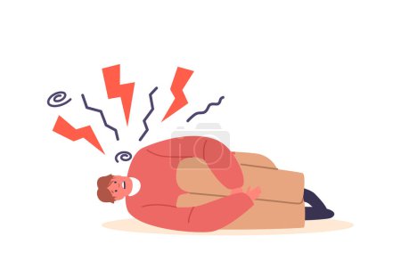 Illustration for Anxious Man Curls In The Fetal Position On The Floor Showing Signs Of Stress And Emotional Distress. Depressed Male Character under the Pressure of Problems or Pain. Cartoon People Vector Illustration - Royalty Free Image