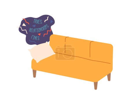 Illustration for Concept of Life Problems. Sofa with a Cloud Contains Obstacles, Challenges, Or Issues such as as Taxes, Relationships and Fines, Require Solutions Or Resolutions. Cartoon Vector Illustration - Royalty Free Image