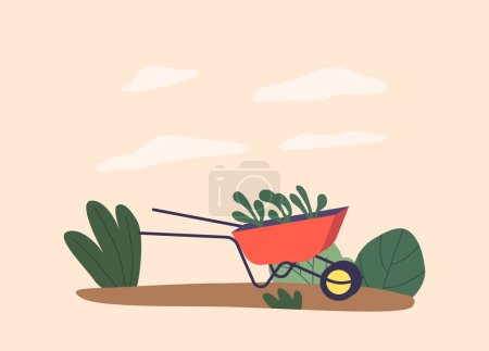 Illustration for Garden Wheelbarrow Brimming With Vibrant Plants, Adding A Burst Of Color And Life To The Outdoor Space. Convenient And Practical For Gardening Tasks. Cartoon Vector Illustration - Royalty Free Image