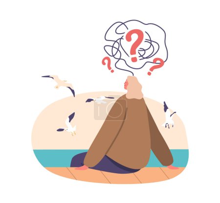 Anxious Woman Sits At The Pier, Gazing At The Sea, Contemplating Solutions To Her Problems, Seeking Solace Amidst The Waves. Female Character Thinking of Troubles. Cartoon People Vector Illustration