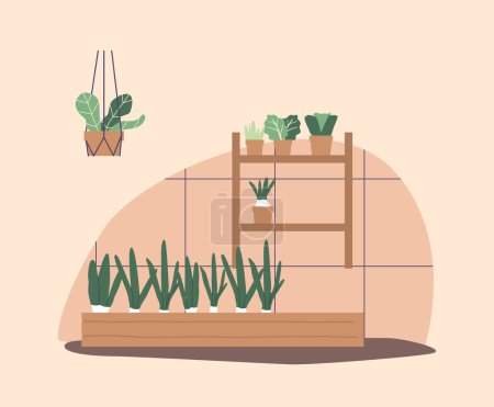 Illustration for Greenhouse for Cultivating Lush Greens, Involves Controlled Environmental Conditions, Providing Ideal Temperatures, Lighting, And Humidity For Optimal Growth. Cartoon Vector Illustration - Royalty Free Image
