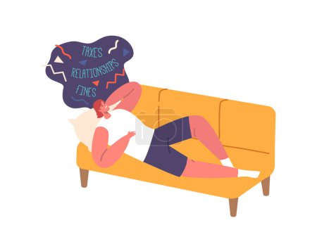 Illustration for Contemplative Woman Lying On A Sofa, Ponders Her Troubles, Deep In Thought. Anxious Female Character Thinking of Taxes, Relationships, Fines, Life Complexities And Seeking Solutions To Her Problems. - Royalty Free Image