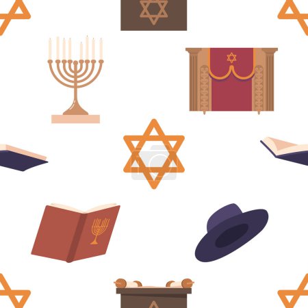 Illustration for Seamless Pattern with Various Items Used During Services In A Synagogue, Such As Torah Scroll, Prayer Book, Menorah, And Star Of David, For Judaica Enthusiasts And Decor. Cartoon Vector Illustration - Royalty Free Image