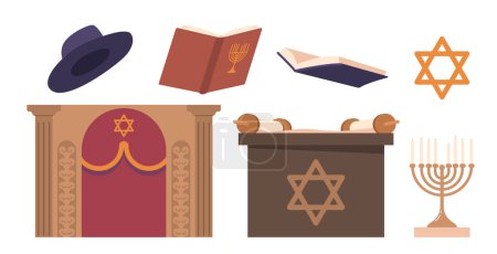 Illustration for Set of Items Used In Synagogue Services Include Torah Scroll, Prayer Book, or Siddurim, Kippot or Head Covering, Menorah and Star of David Isolated on White Background. Cartoon Vector Illustration - Royalty Free Image