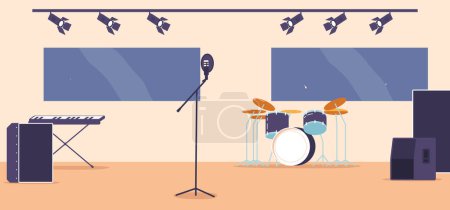 Illustration for Rock Music Stage, Vibrant Setup With Drums, And Keyboard Ready To Create High-energy Rock Performances, Thrilling The Audience With Its Dynamic Sound And Powerful Presence. Cartoon Vector Illustration - Royalty Free Image