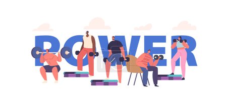 Illustration for Power Concept with Fitness Enthusiasts Engage In Strength Training Using Dumbbells And Barbells To Build Muscle, Increase Strength And Improve Fitness Levels. Cartoon Vector Poster, Banner Or Flyer - Royalty Free Image