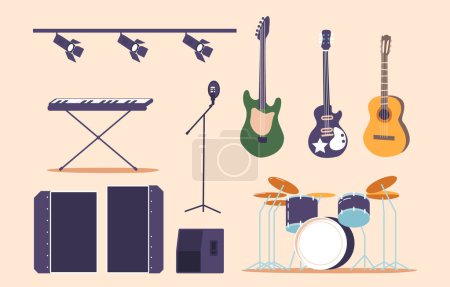 Illustration for Set of Iconic Rock Music Items. Electric or Acoustic Guitars, Drum, Microphone and Keyboard, Dynamic and Spot Lights, Isolated Elements. Cartoon Vector Illustration, Icons, Clipart - Royalty Free Image