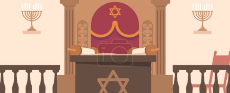 Interior de la sinagoga, adornado con el arca, bimah y pergaminos de la Torá en el centro. Decorado con símbolos religiosos, y menorás que promueven la atmósfera pacífica y espiritual. Ilustración de vectores de dibujos animados