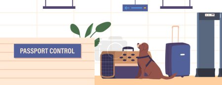 Illustration for Passport Control Interior with Crossing Borders With Luggage and a Dog Waiting for Transportation. Pets Requires Proper Documentation, Health Certificates And Vaccination. Cartoon Vector Illustration - Royalty Free Image