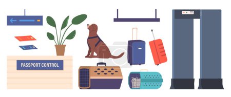 Ilustración de Conjunto de iconos de viaje con animales tema. Mostrador de control de pasaportes, perro y gato en el transportista esperando cruzar la frontera, equipaje, puertas de escaneo, plantas en macetas y letreros. Ilustración de vectores de dibujos animados - Imagen libre de derechos