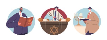 Illustration for Isolated Round Icons or Avatars. Sacred Worship In A Synagogue Where Prayer Characters Recite Torah, Community Gathers For Religious Services And Celebrations. Cartoon People Vector Illustration - Royalty Free Image