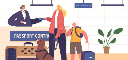Illustration for Mother, Her Son, And Their Loyal Dog Crossing A Border, Showcasing Determination And Companionship On Their Journey. Family Characters Travel with Canine Pet. Cartoon People Vector Illustration - Royalty Free Image