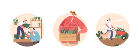 Ilustración de Iconos redondos aislados o avatares de personajes de jardinero que cuidan de verdes exuberantes en un invernadero, la gente nutre varias plantas. Mujer con perro y carretilla en el jardín. Ilustración de vectores de dibujos animados - Imagen libre de derechos