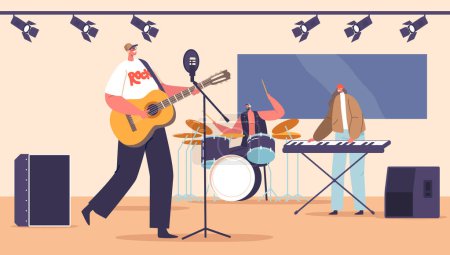 Illustration for Rock Band Characters Performing Night Club Show on Stage, Drummer, Guitarist and Man Playing Electric Piano. Music Concert. Artists Playing Musical Instruments. Cartoon People Vector Illustration - Royalty Free Image