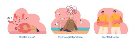 Illustration for Isolated Elements with Characters Suffer of Psychological Problems. People Experience Emotional Distress, Cognitive Challenges, And Behavioral Difficulties. Cartoon Vector Illustration - Royalty Free Image