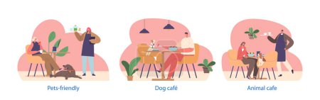 Illustration for Isolated Elements with Owner Characters Visiting Cafe with Animals. Pet Lovers Enjoying Their Coffee While Accompanied By Their Furry Friends, Creating A Warm Atmosphere. Cartoon Vector Illustration - Royalty Free Image