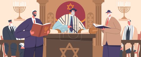 Ilustración de Reunidos en una sinagoga, los adoradores participan en oraciones, lecturas y rituales bajo la guía de un rabino, fomentando un sentido de comunidad y conexión espiritual. Dibujos animados Gente Vector Ilustración - Imagen libre de derechos