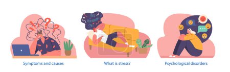 Illustration for Isolated Elements With Characters Having Psychological Problems Symptoms and Causes. Mental Health Issues Affecting Emotions, Thoughts, And Behavior, Leading To Distress. Cartoon Vector Illustration - Royalty Free Image