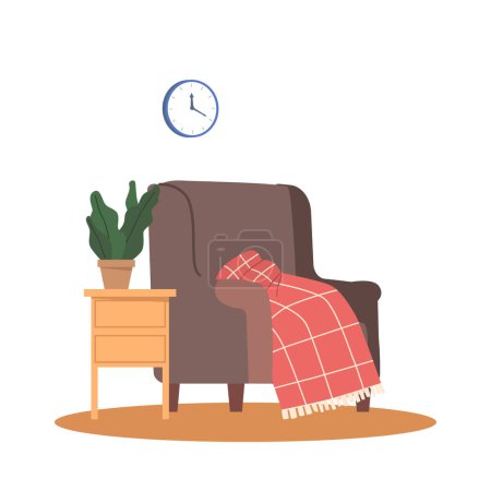 Illustration for Cozy Home Interior Featuring An Armchair with Chequered Plaid, Clock on the Wall and Table with Potted Plant, Adding Warmth And Classic Charm To The Room Decor. Cartoon Vector Illustration - Royalty Free Image