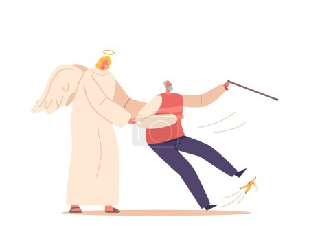 Illustration for Angel Guardian Character Swiftly Appears, Catching Elderly Man As He Slips On Banana Peel, Offering Comforting Support And Preventing Injury. Heavenly Protection Concept. Cartoon Vector Illustration - Royalty Free Image