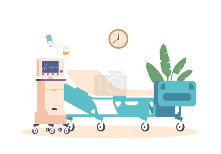 Illustration for Modern Hospital Chamber Interior Equipped With A Comfortable Bed And An Advanced Life System Control, Ensuring Patient Comfort And Efficient Medical Care. Cartoon Vector Illustration - Royalty Free Image